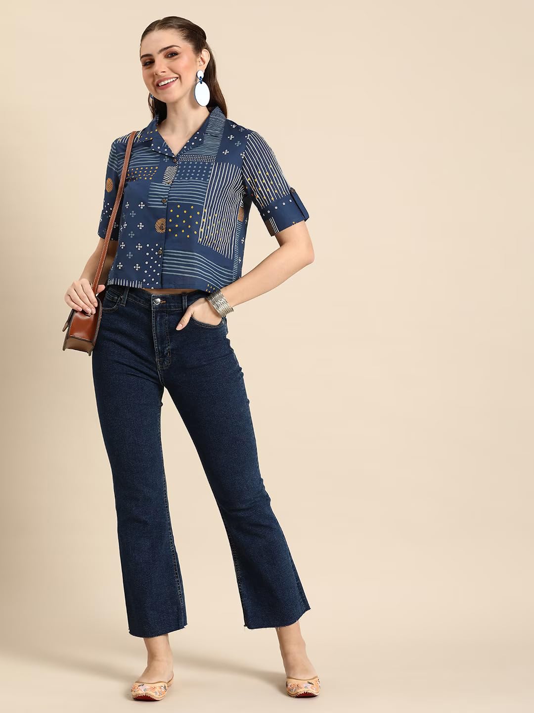 TOPLOT Crop Shirt for Women with Collared V Neck