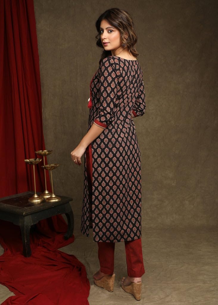 Siya Silk Straight Pure Cotton Ajrakh Print Black Kurti