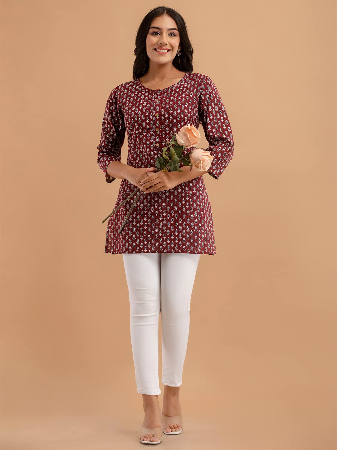 feranoid Women Cotton Printed Straight Short Kurti