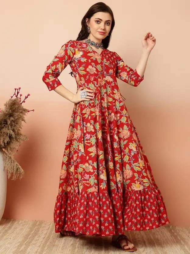 Women's Rayon Anarkali Floral Printed Angrakha Kurta