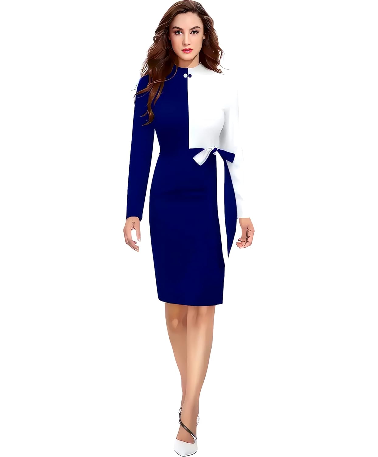 ZELZIS Women Polyester Colourblock Western Bodycon One Piece Dress (Classic Coller with Comfortable Belt)