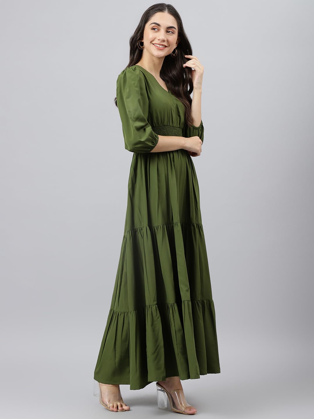 DEEBACO Women's Fit & Flare Maxi Dress|V-Neck|Full Length Long Dresses for Women|A-Line Dress|Stylish for Ladies|Beach Dress for Women