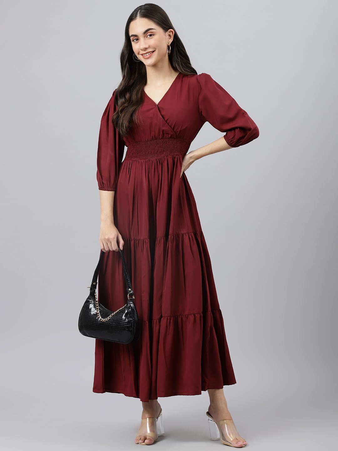 DEEBACO Women's Fit & Flare Maxi Dress|V-Neck|Full Length Long Dresses for Women|A-Line Dress|Stylish for Ladies|Beach Dress for Women