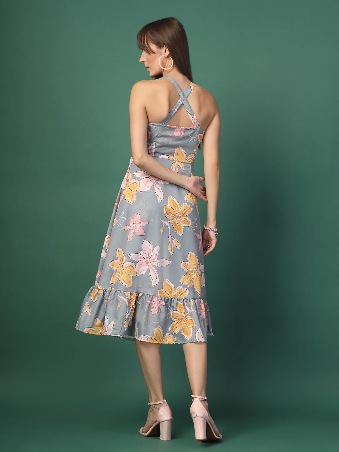 OOMPH! Women A-Line Printed Crepe Midi Dress, Smocked Bodice