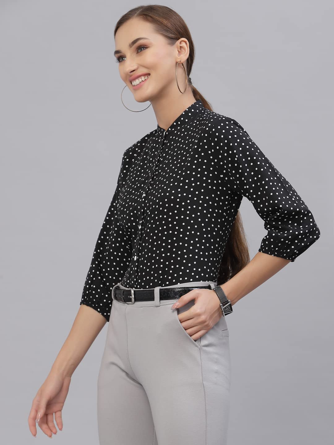 Style Quotient Women White and Black Polka Dot Printed Polyester Formal Top