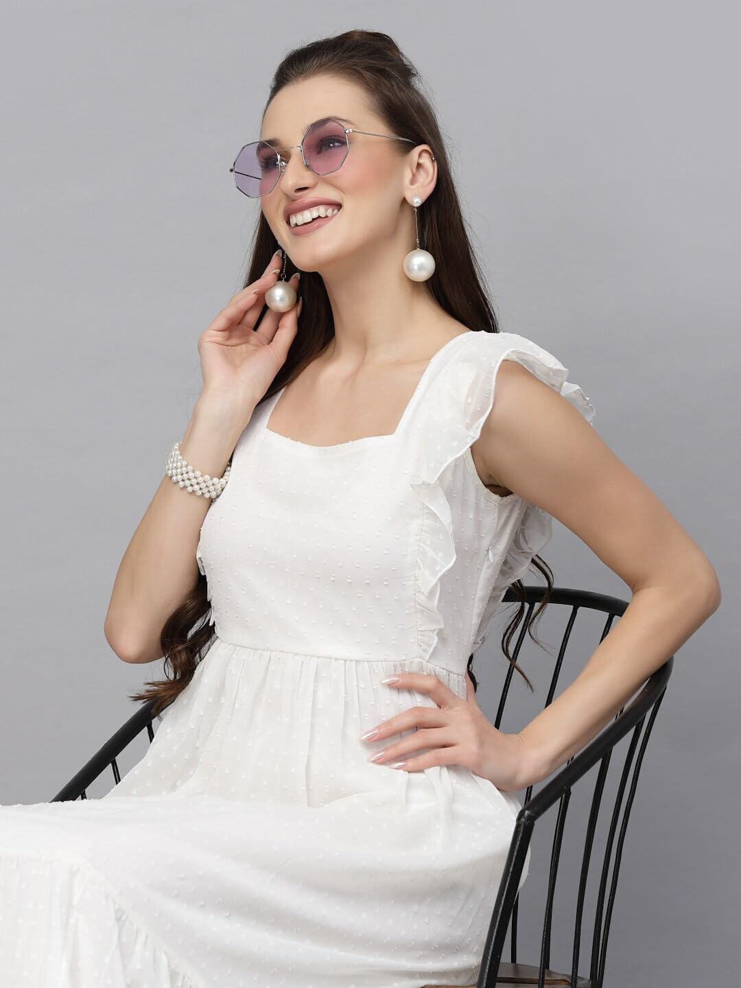 Jacquard Butti Square Neck Knee Length Western Dresses for Women