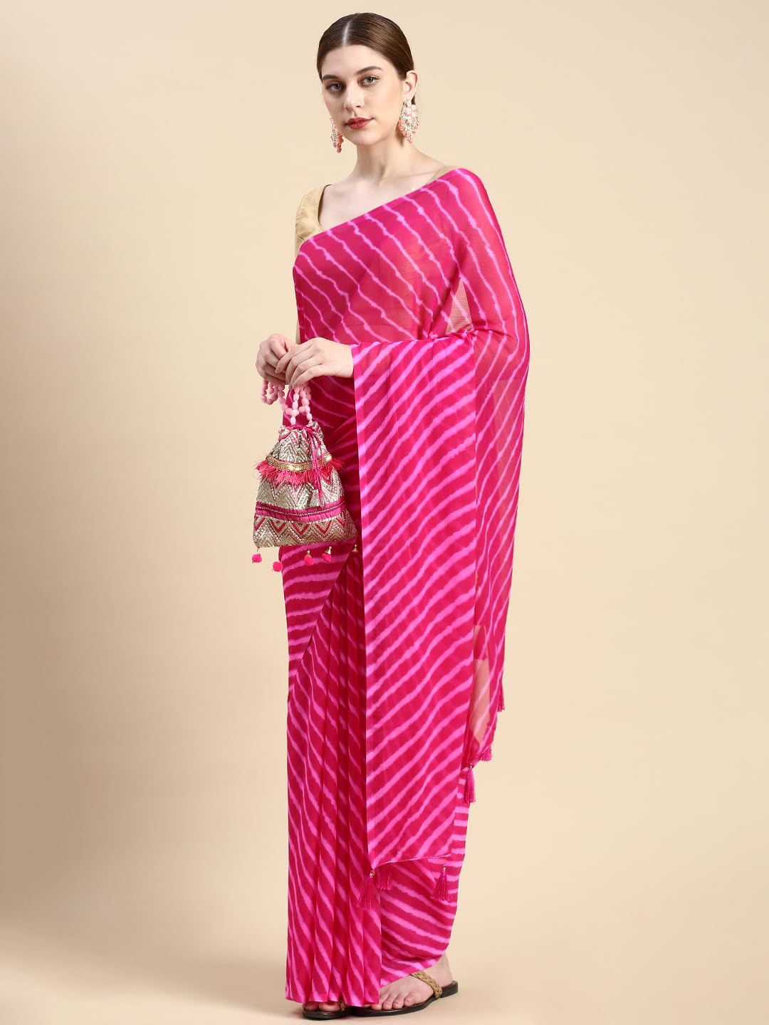 Women's Chiffon Lehriya Printed Saree Without Blouse
