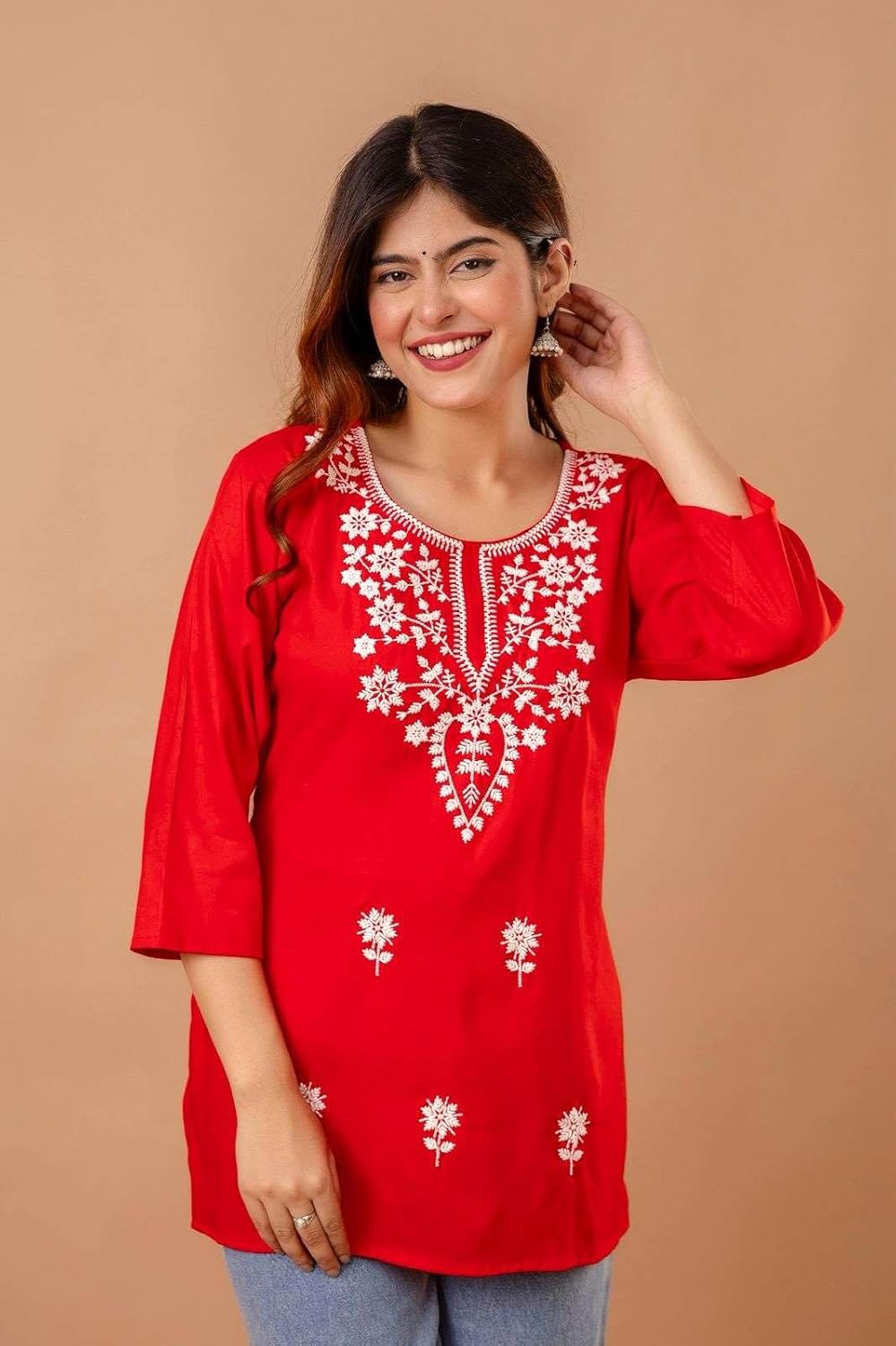 Women's Cotton Kurti with White Floral Embroidery