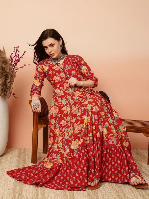 Women's Rayon Anarkali Floral Printed Angrakha Kurta
