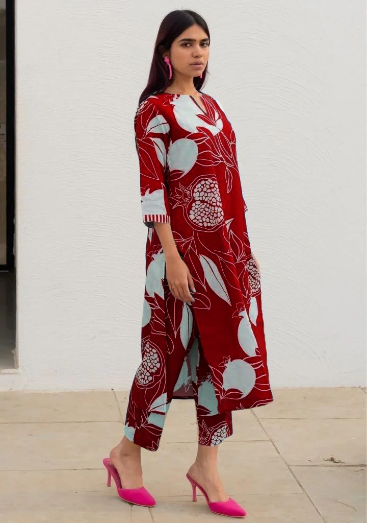 Women's Cotton Blend Straight Printed Kurta with Pant