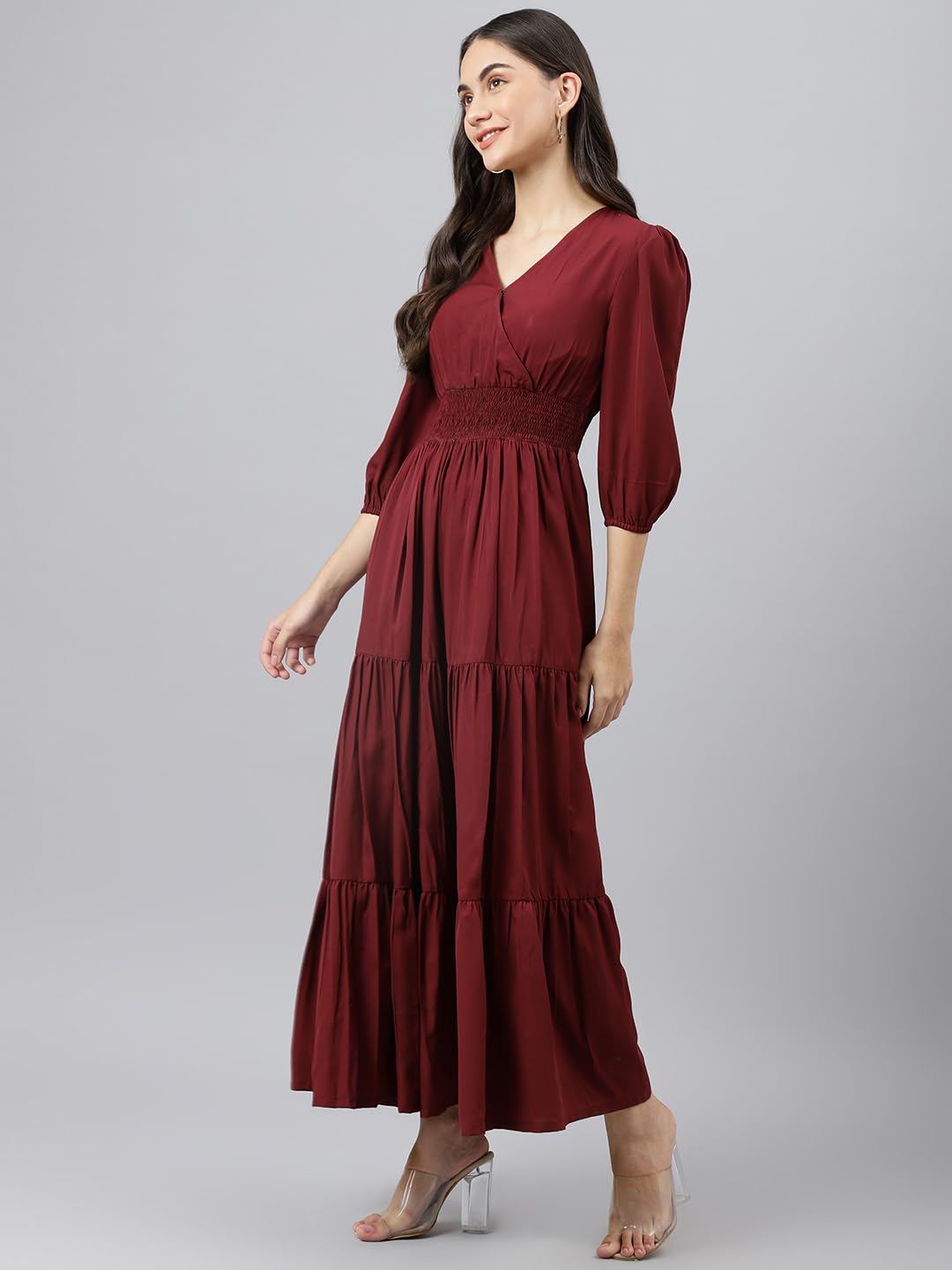 DEEBACO Women's Fit & Flare Maxi Dress|V-Neck|Full Length Long Dresses for Women|A-Line Dress|Stylish for Ladies|Beach Dress for Women