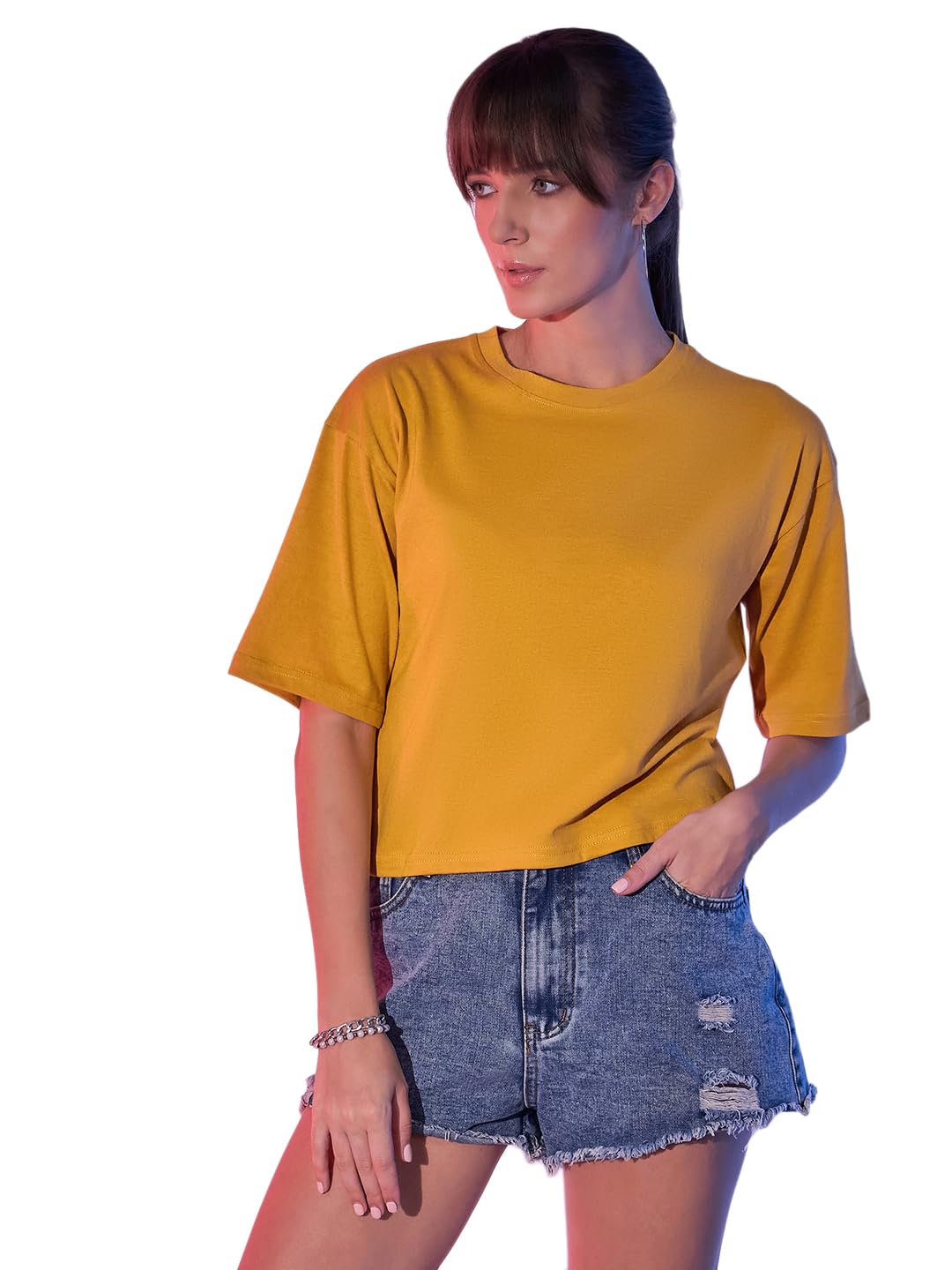 Boxy Fit Drop Shoulder Baggy Fit Cropped Tshirts Cotton Solid Loose Fit Round Neck Women Short T-Shirt