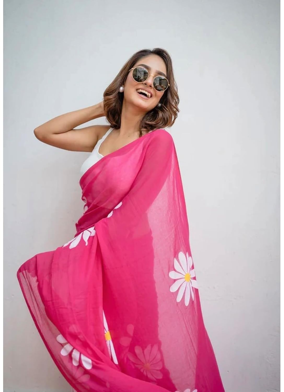 Linen Saree with White Daisy Floral Print, With Blouse