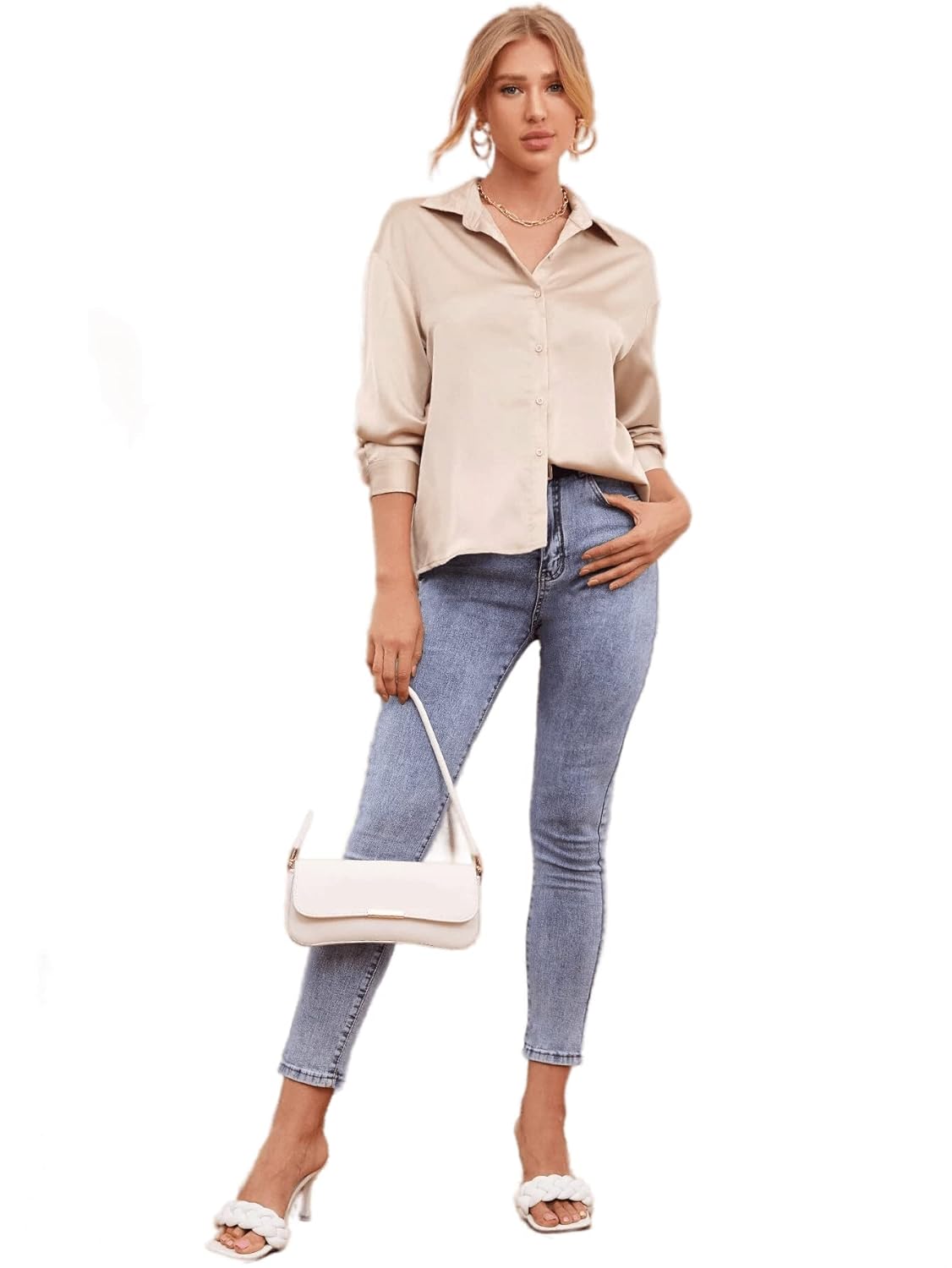 Bowrain Satin Silk Fabric Spread Collar Full Sleeve Top