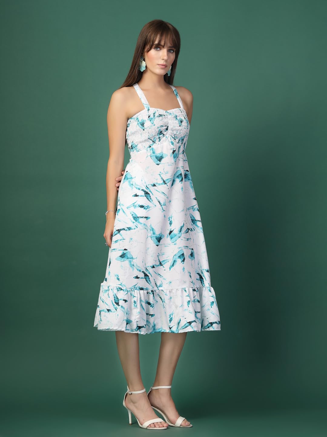 OOMPH! Women A-Line Printed Crepe Midi Dress, Smocked Bodice