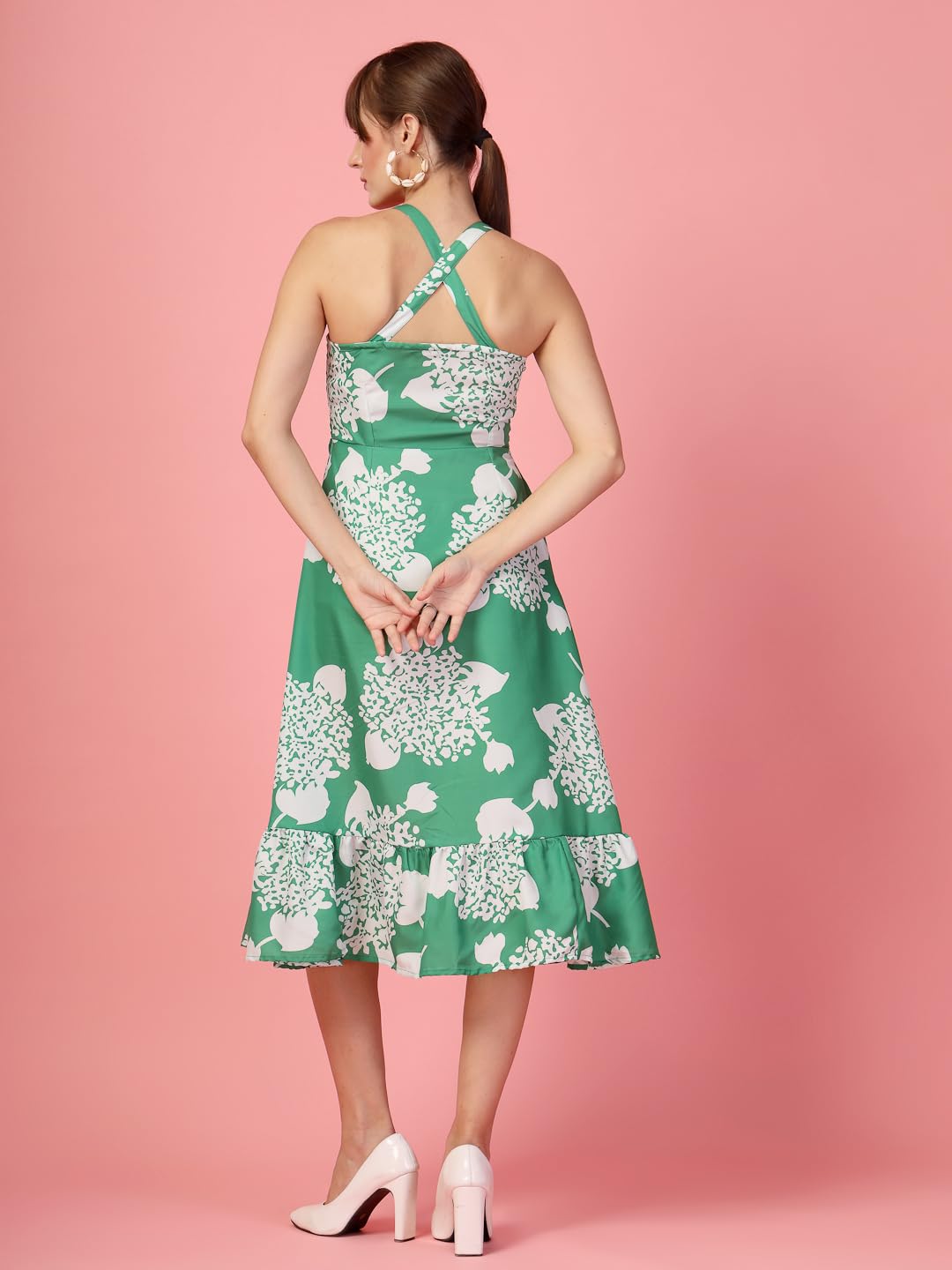 OOMPH! Women A-Line Printed Crepe Midi Dress, Smocked Bodice