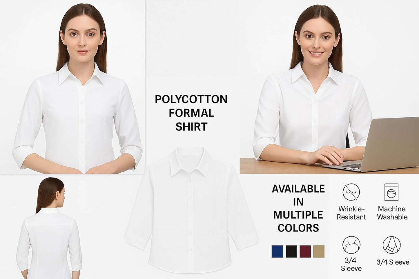 PRIASE B Women's Formal Shirt – 3/4 Sleeve Slim Fit Solid