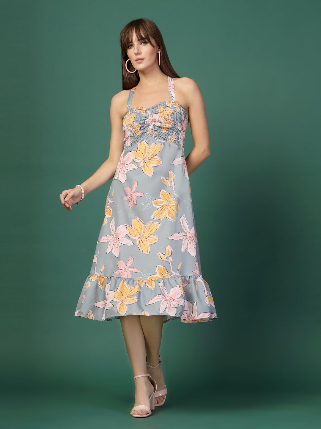 OOMPH! Women A-Line Printed Crepe Midi Dress, Smocked Bodice