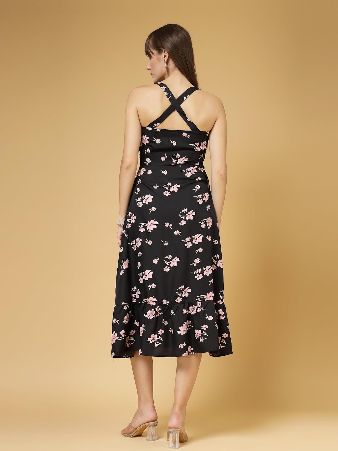 OOMPH! Women A-Line Printed Crepe Midi Dress, Smocked Bodice