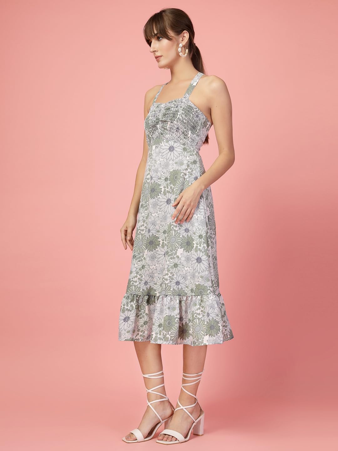 OOMPH! Women A-Line Printed Crepe Midi Dress, Smocked Bodice