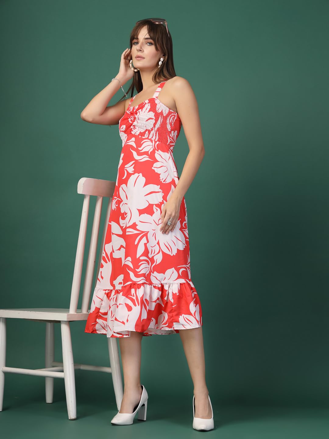 OOMPH! Women A-Line Printed Crepe Midi Dress, Smocked Bodice
