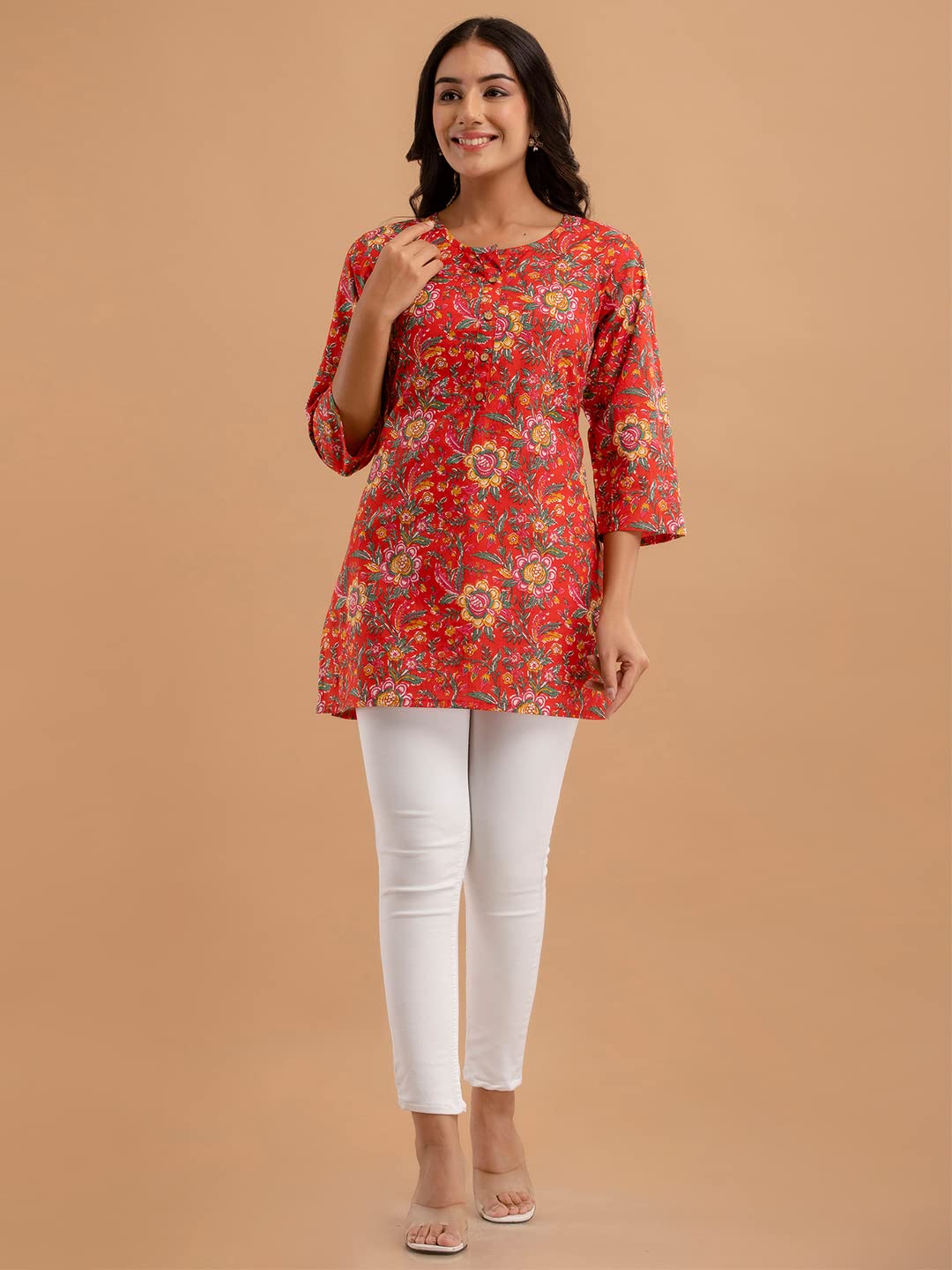 feranoid Women Cotton Printed Straight Short Kurti