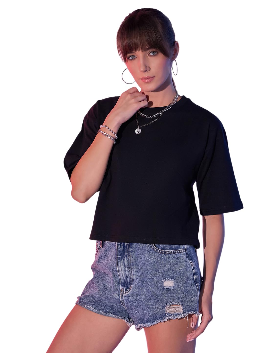 Boxy Fit Drop Shoulder Baggy Fit Cropped Tshirts Cotton Solid Loose Fit Round Neck Women Short T-Shirt