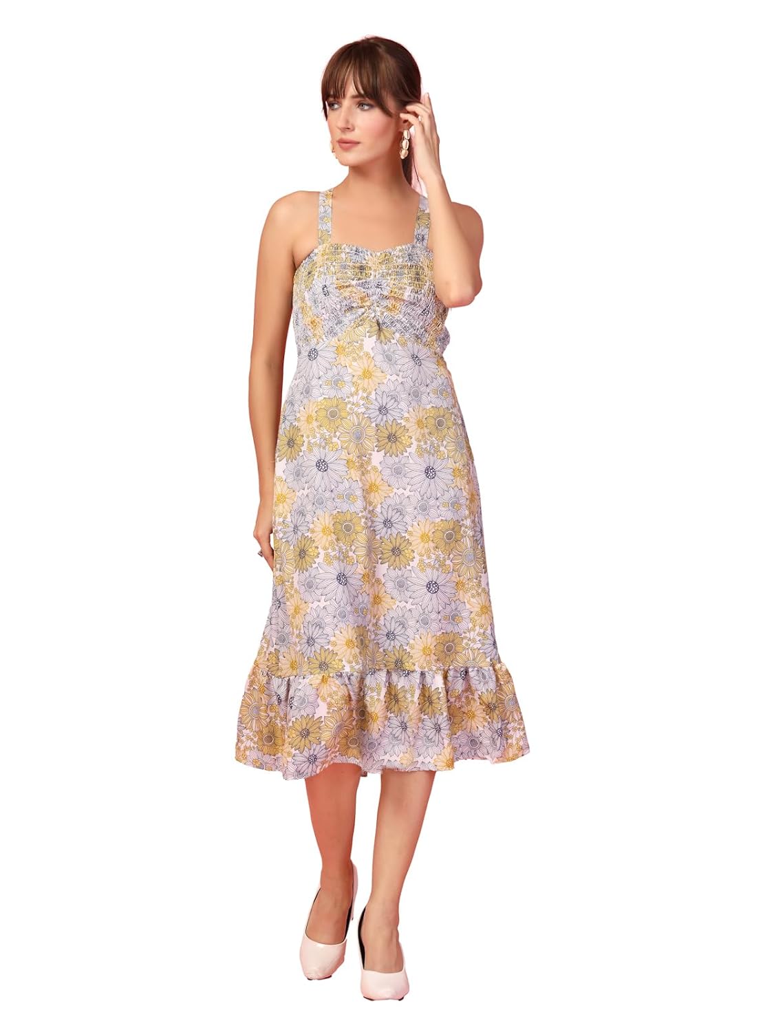 OOMPH! Women A-Line Printed Crepe Midi Dress, Smocked Bodice
