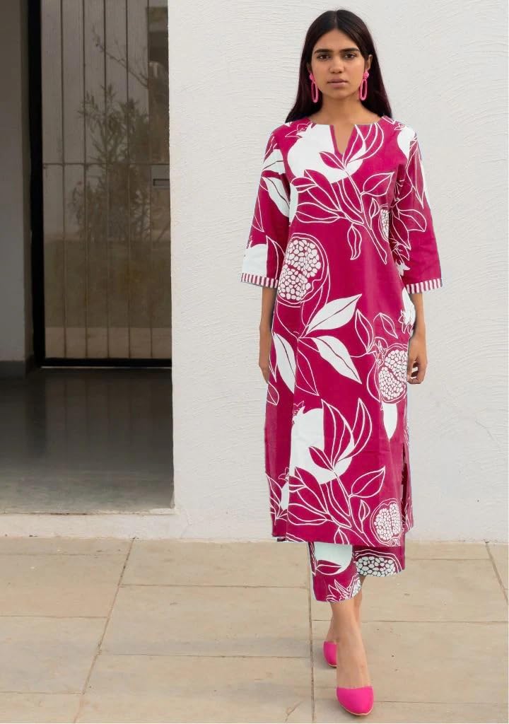 Women's Cotton Blend Straight Printed Kurta with Pant