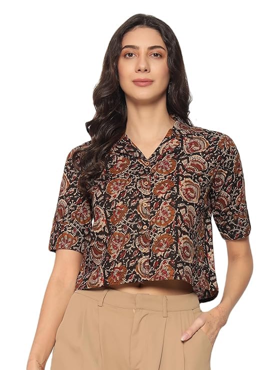 HION HILS Women's Kalamkari Printed Cuban Collar