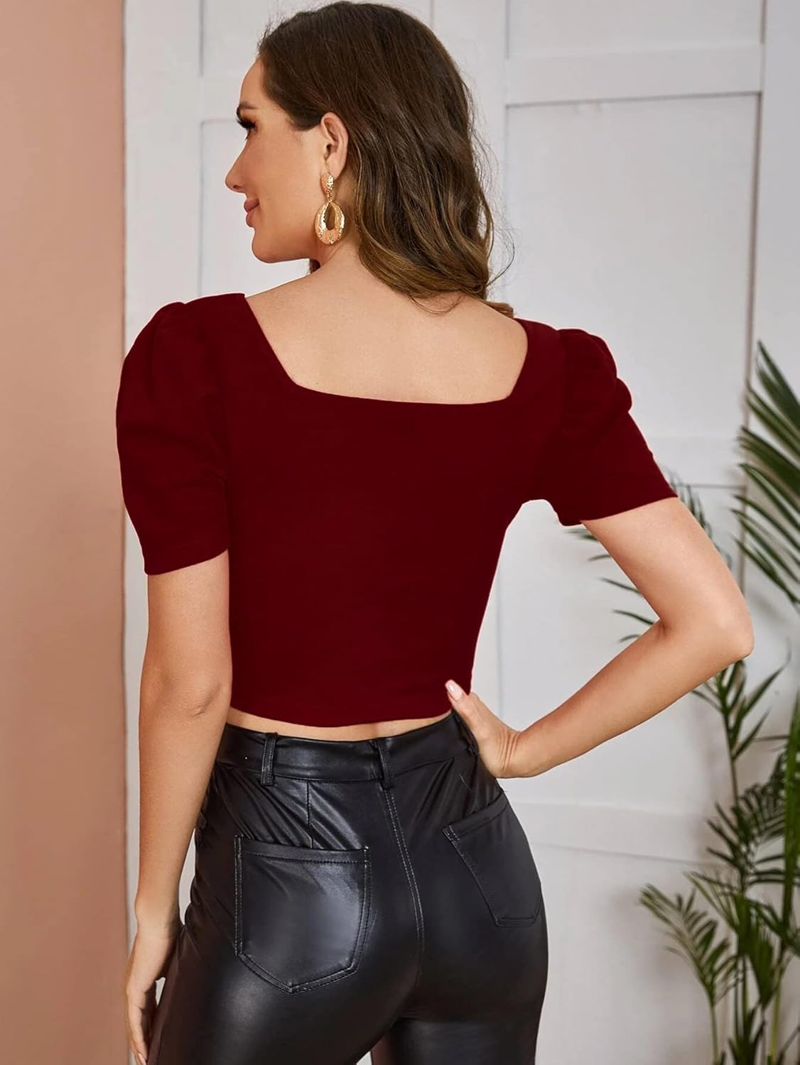 Istyle Can Solid/Plain Puff Sleeve/Short Sleeve Square Neck Slim Fit Streachable Lycra Blend Crop Top for Women | Crop top | Square Neck top | top for Women