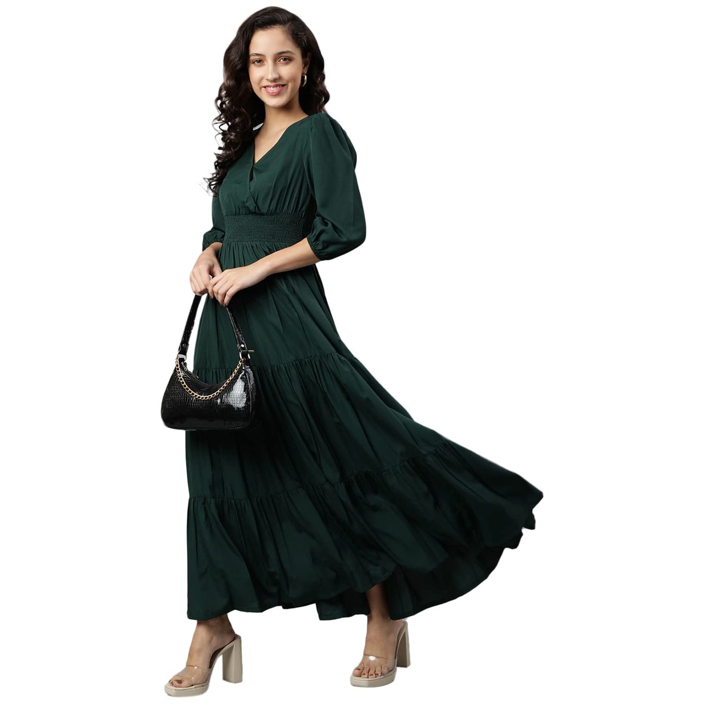 DEEBACO Women's Fit & Flare Maxi Dress|V-Neck|Full Length Long Dresses for Women|A-Line Dress|Stylish for Ladies|Beach Dress for Women