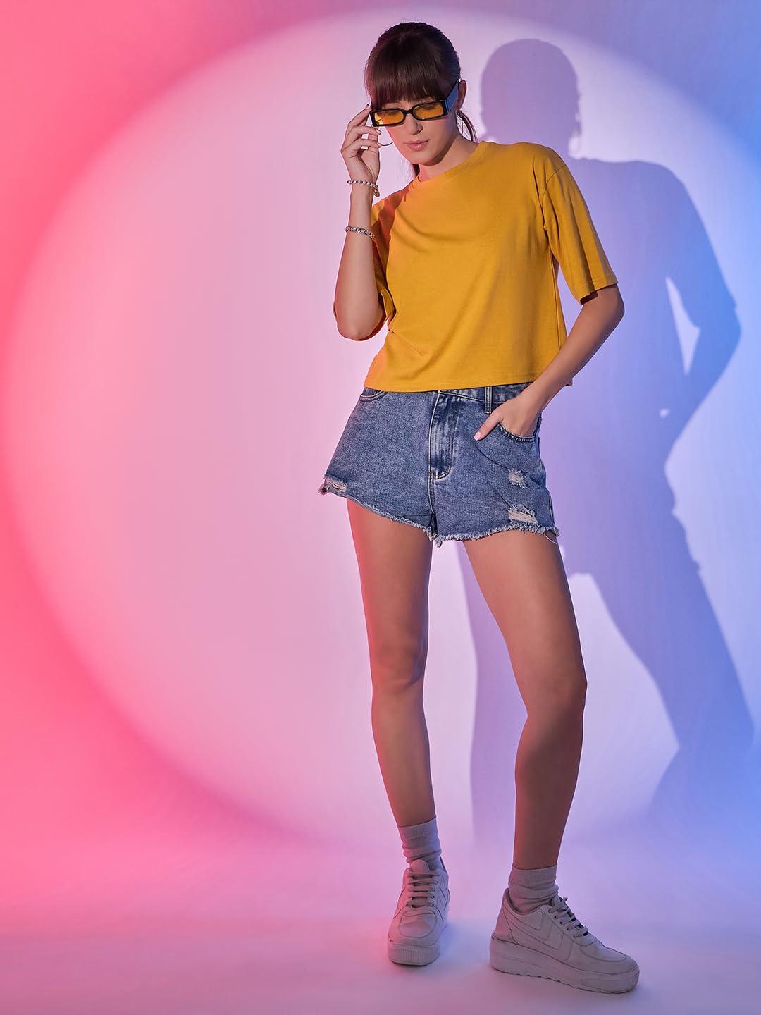 Boxy Fit Drop Shoulder Baggy Fit Cropped Tshirts Cotton Solid Loose Fit Round Neck Women Short T-Shirt