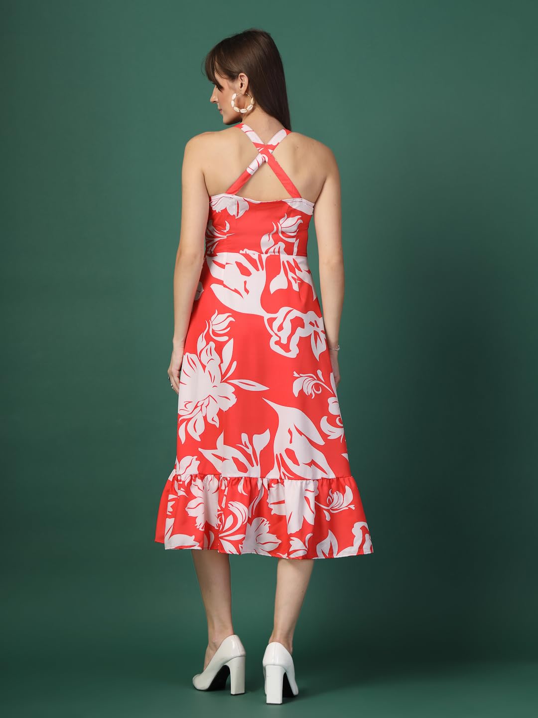 OOMPH! Women A-Line Printed Crepe Midi Dress, Smocked Bodice