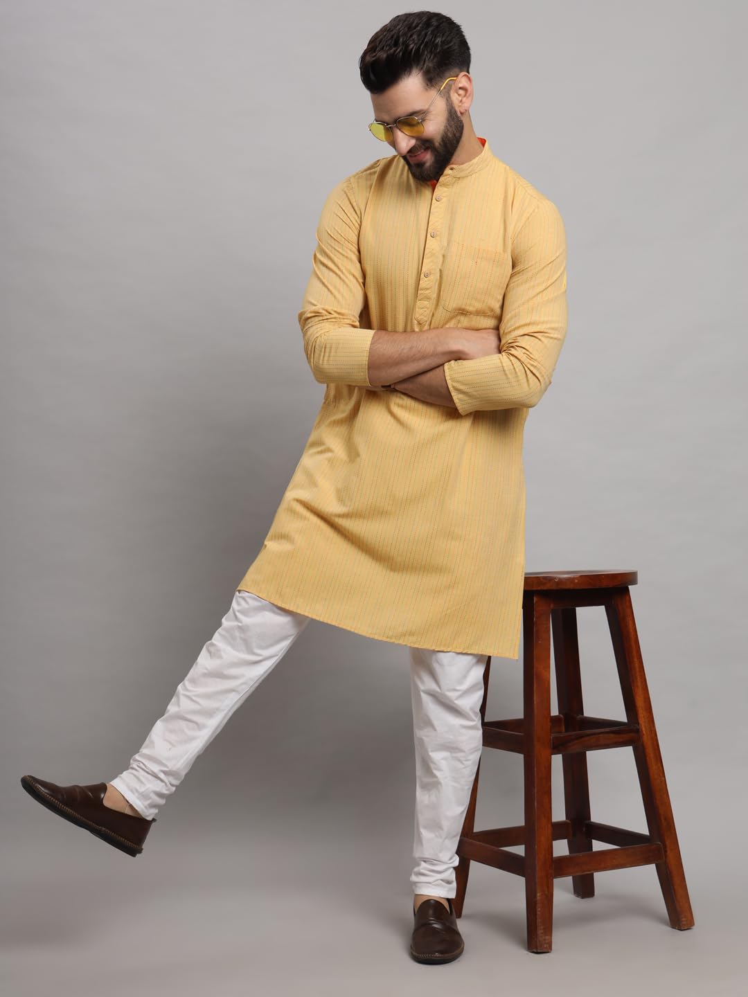 CHIKAN Men's Cotton Regular Striped Knee Lenght Kurta