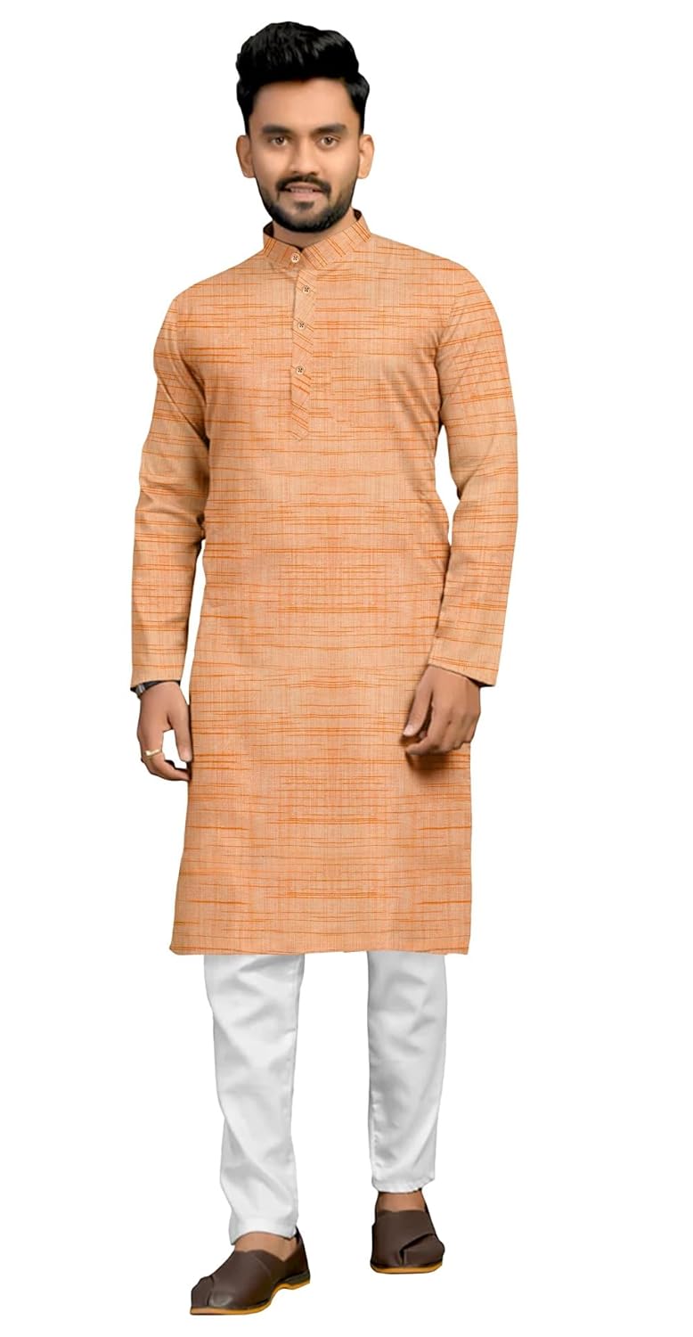 Mens Cotton Blend Full Sleeves Solid Casual Long Kurta