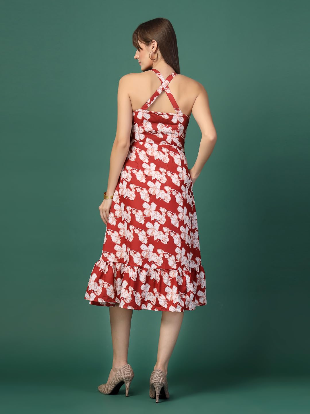 OOMPH! Women A-Line Printed Crepe Midi Dress, Smocked Bodice