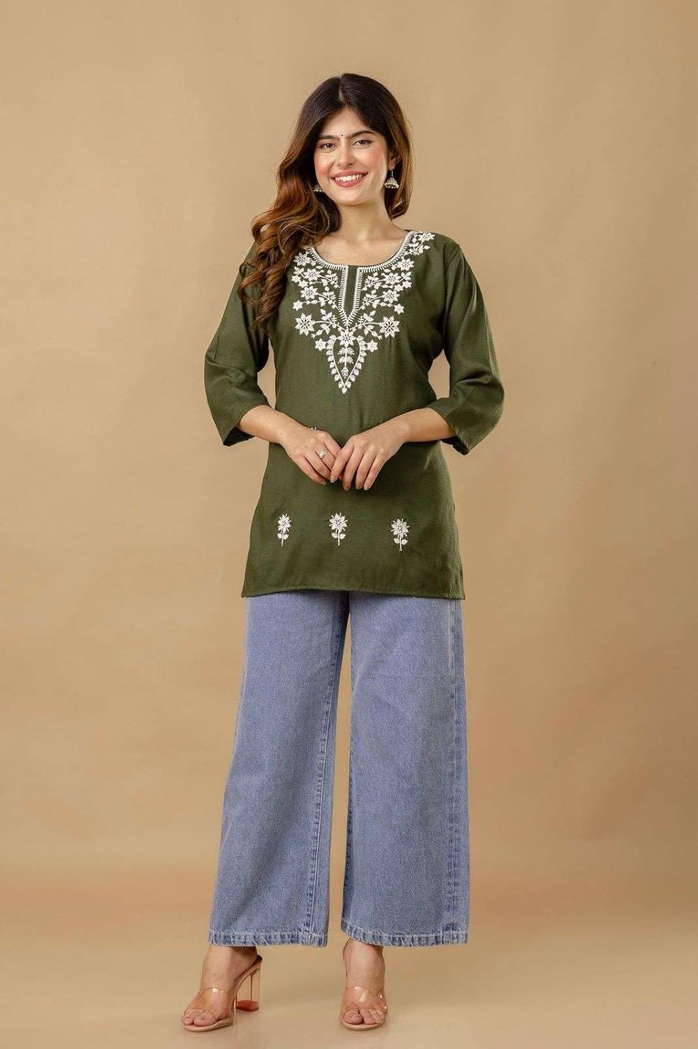 Women's Cotton Kurti with White Floral Embroidery