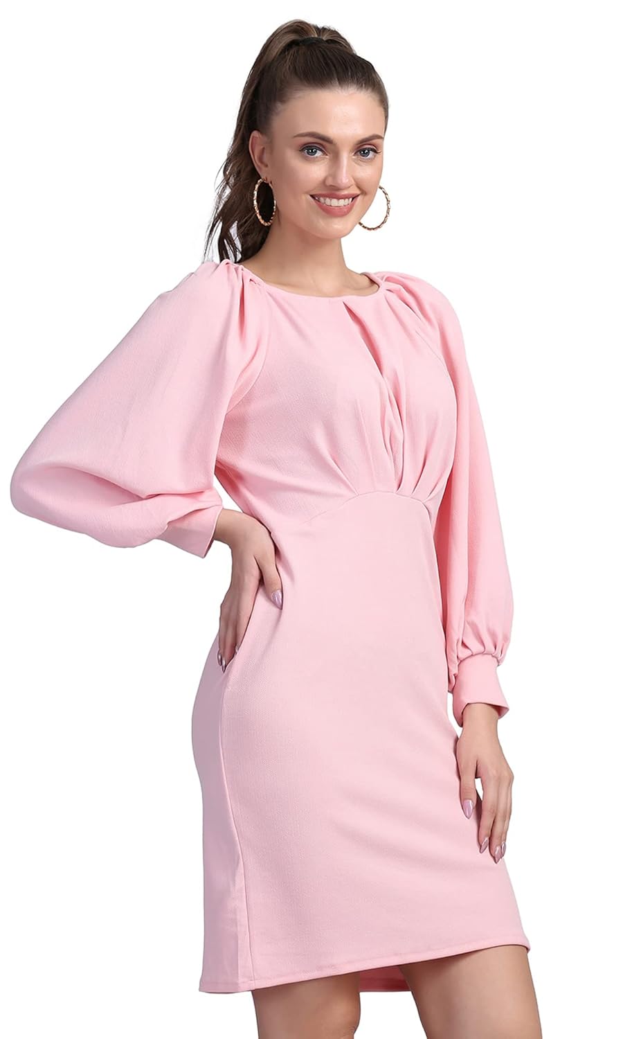 Shasmi Women's Comfortable Mustard Round Neck Full Sleeve Solid Midi Bodycon Casual Western Stylish Dress