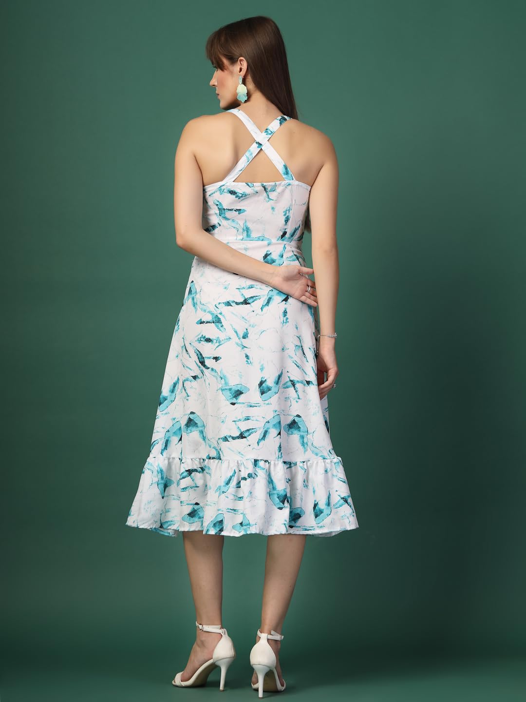 OOMPH! Women A-Line Printed Crepe Midi Dress, Smocked Bodice