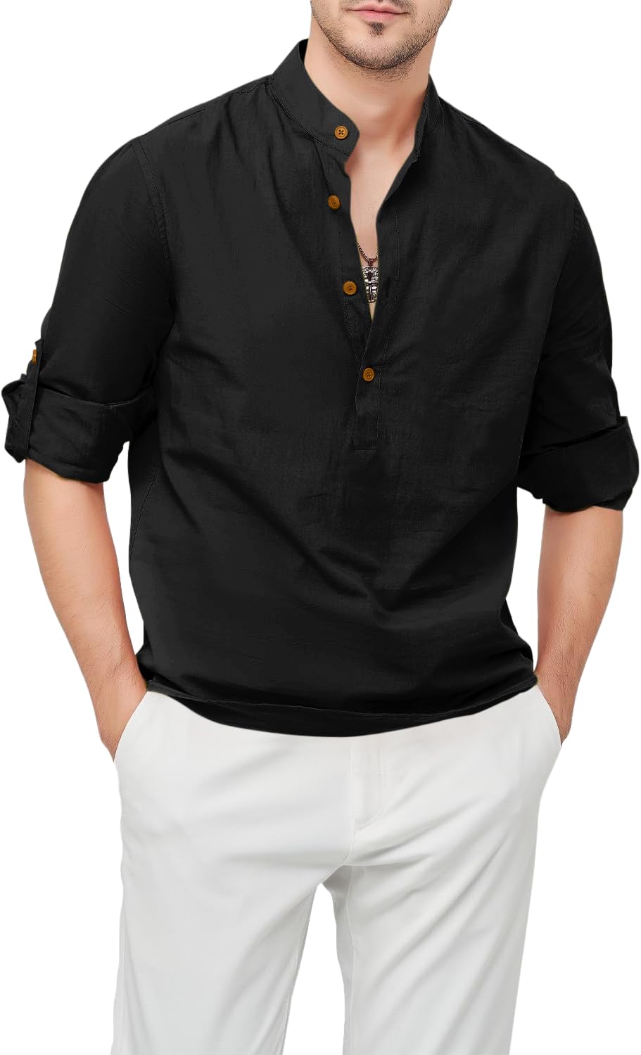 Zombom Men's Cotton Blend Mandarin Collar Self