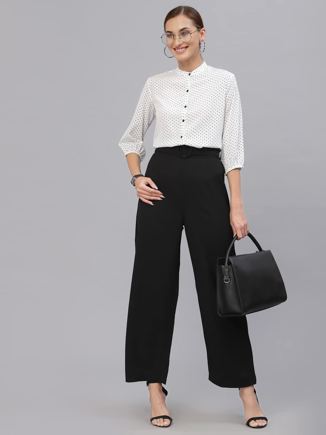 Style Quotient Women White and Black Polka Dot Printed Polyester Formal Top