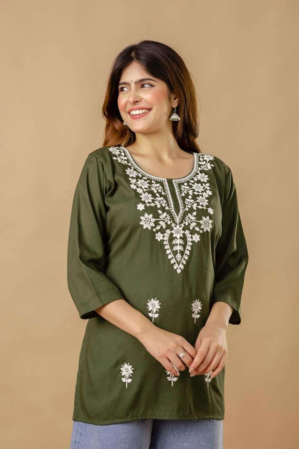 Women's Cotton Kurti with White Floral Embroidery