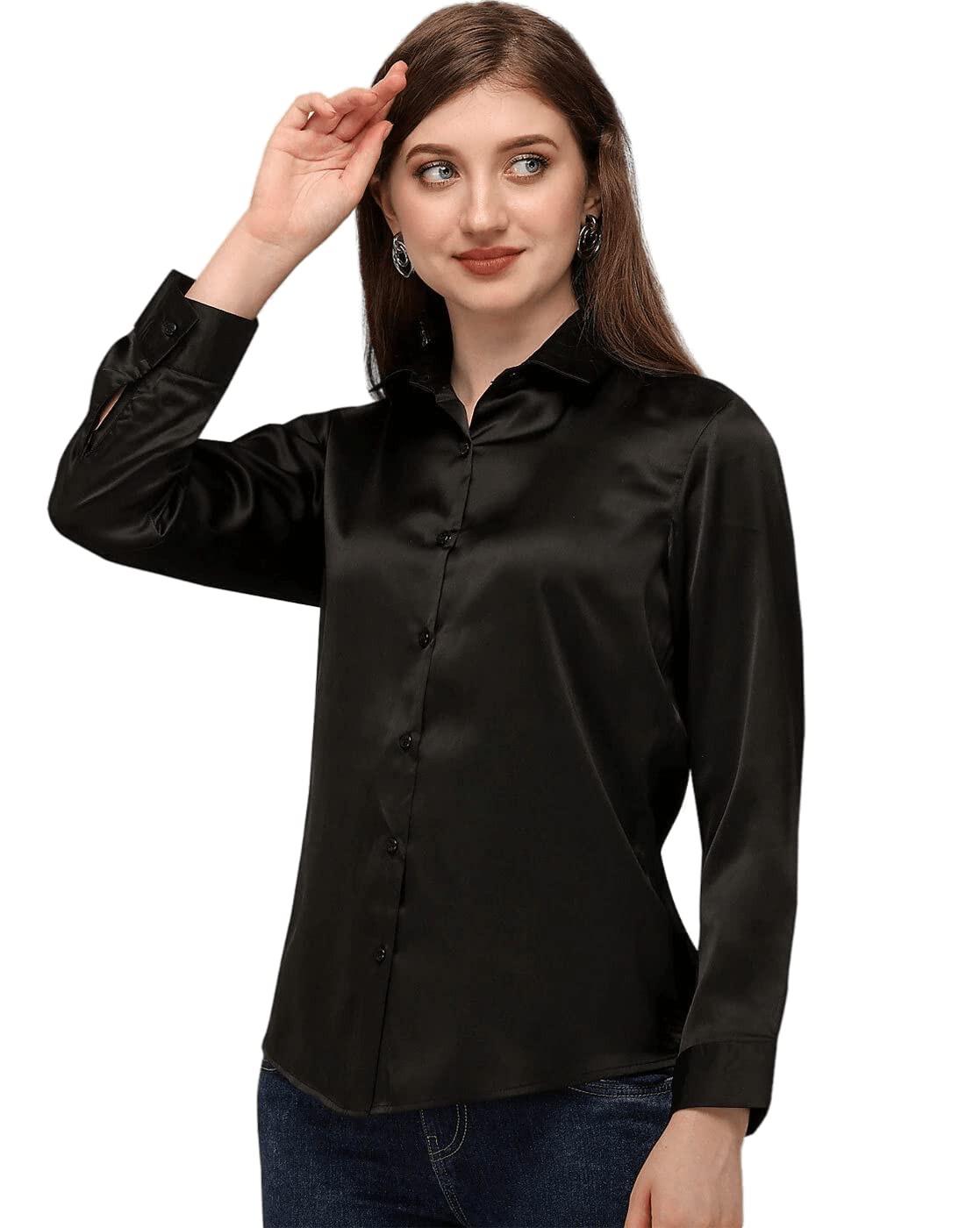 Bowrain Satin Silk Fabric Spread Collar Full Sleeve Top