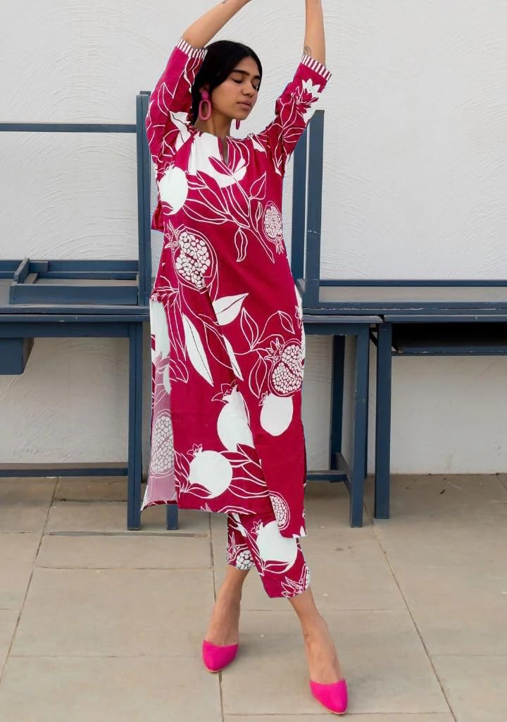 Women's Cotton Blend Straight Printed Kurta with Pant
