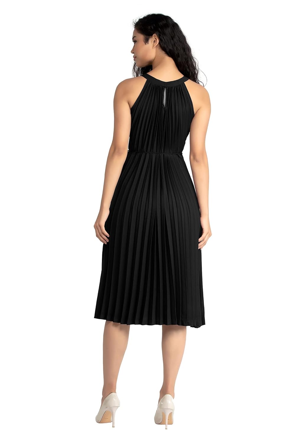 AASK Women's Elegant Belted Pleated Sleeveess Short Dress Color