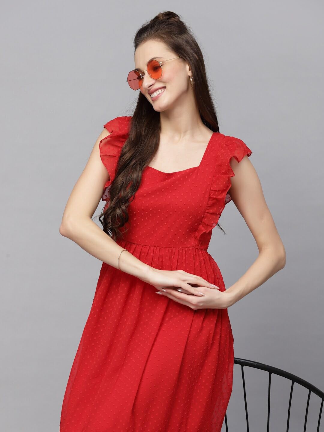 Jacquard Butti Square Neck Knee Length Western Dresses for Women