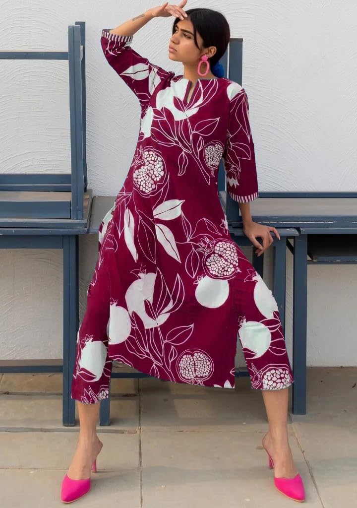 Women's Cotton Blend Straight Printed Kurta with Pant