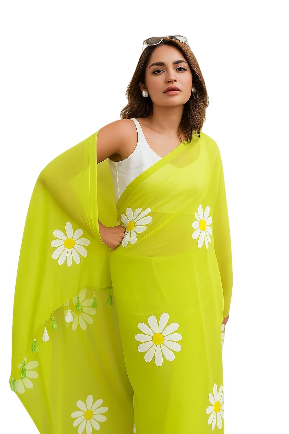 Lime Green Organza Daisy Print Saree