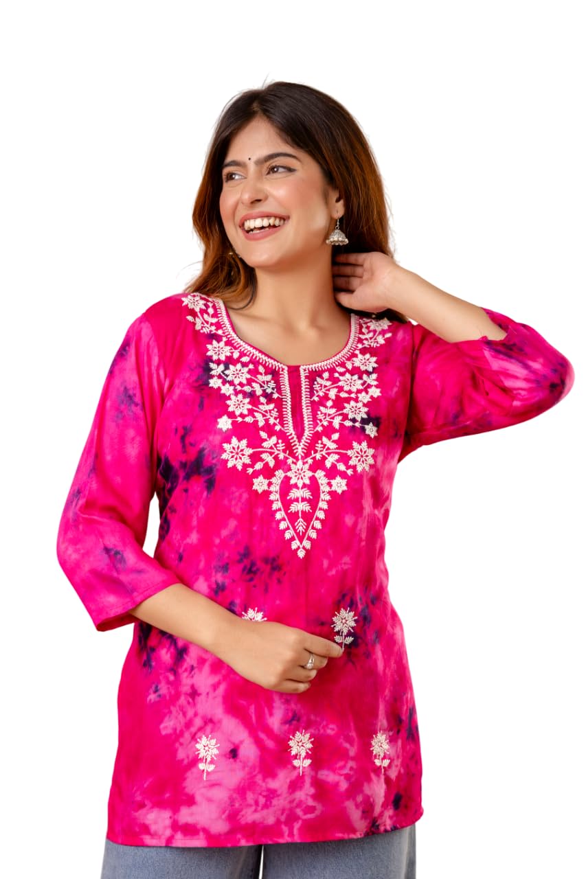 Women's Cotton Kurti with White Floral Embroidery